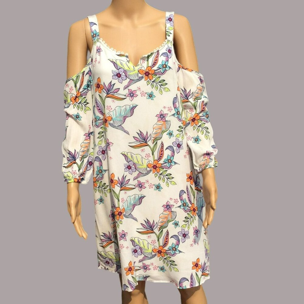 Caribbean Joe Size M Floral Cold-Shoulder Dress‎ Floral Beach Tropical Vacation